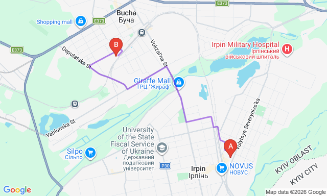 Карта маршрута Ирпень - Буча