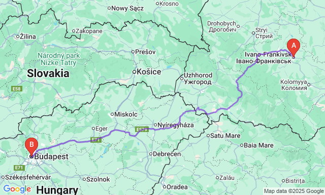 Карта маршруту Івано-Франківськ - Будапешт