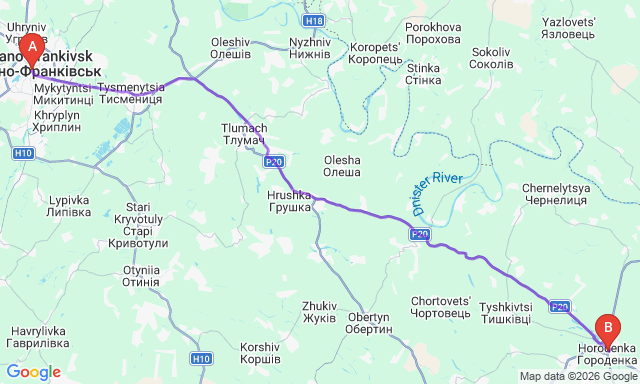 Карта маршруту Івано-Франківськ - Городенка