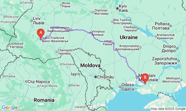 Карта маршруту Івано-Франківськ - Херсон