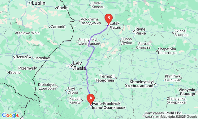 Карта маршруту Івано-Франківськ - Луцьк