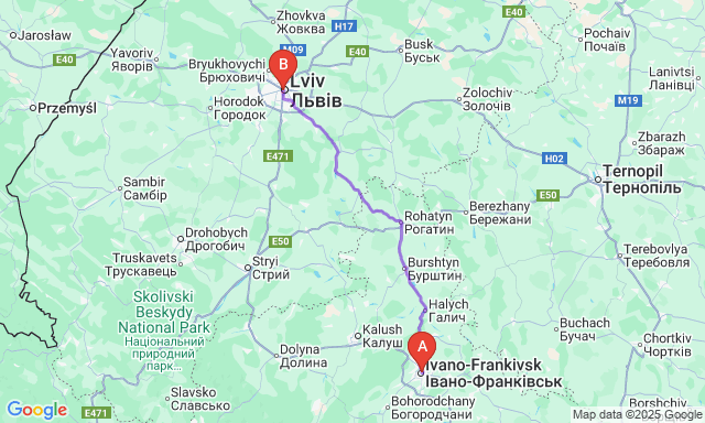 Карта маршруту Івано-Франківськ - Львів
