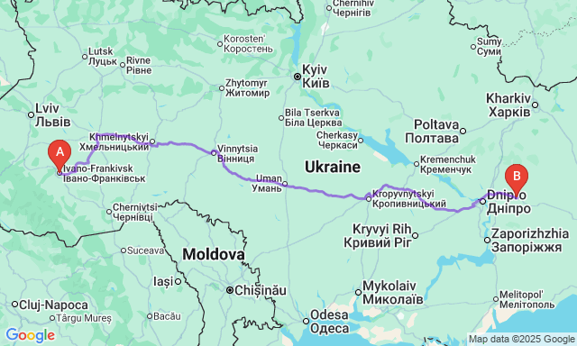 Карта маршруту Івано-Франківськ - Павлоград
