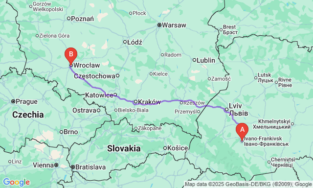 Карта маршруту Івано-Франківськ - Вроцлав
