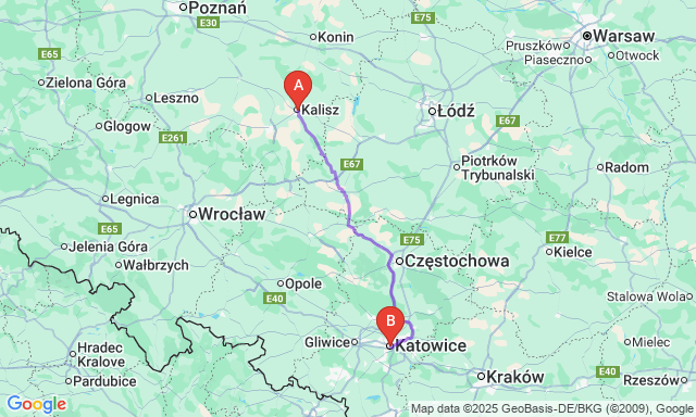 Route map Kalisz - Katowice