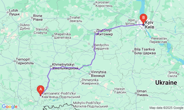 Карта маршруту Кам’янець-Подільський - Київ