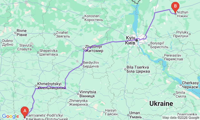 Route map Kamianets-Podilskyi - Nizhyn