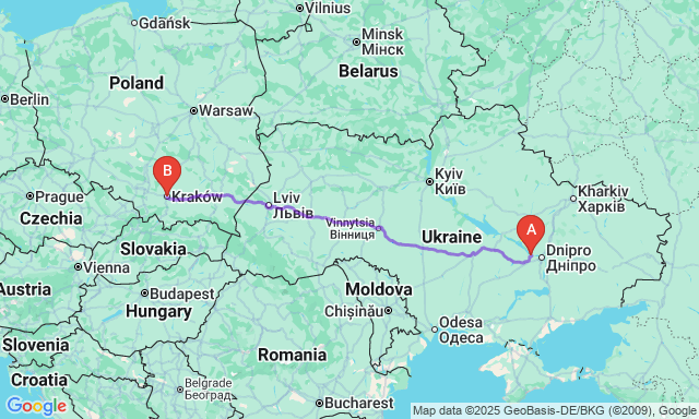 Карта маршруту Кам'янське - Краків