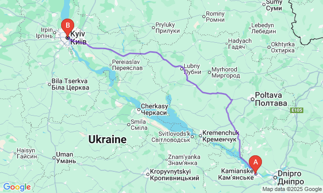 Карта маршруту Кам'янське - Київ
