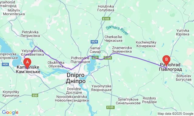 Карта маршруту Кам'янське - Павлоград