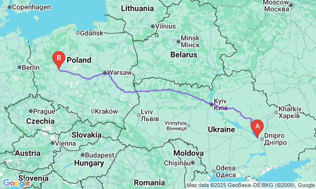 Карта маршруту Кам'янське - Познань