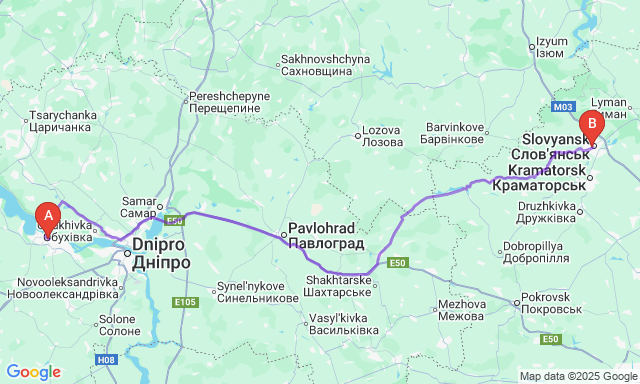 Карта маршруту Кам'янське - Слов'янськ