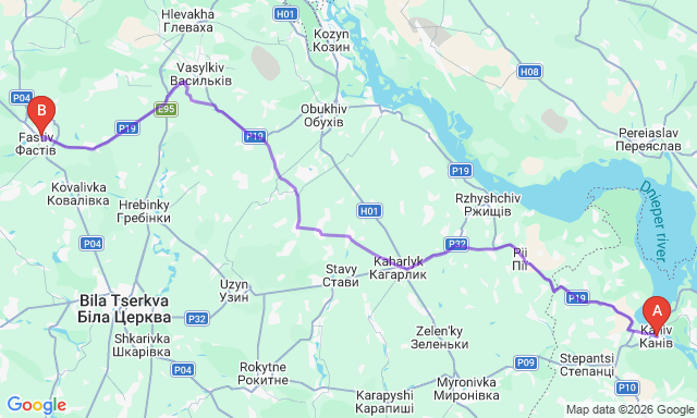 Карта маршруту Канів - Фастів
