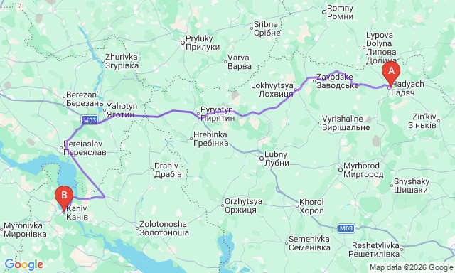 Карта маршрута Канев - Гадяч