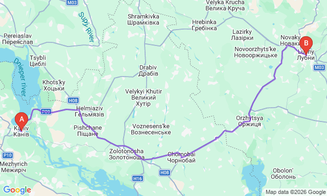 Карта маршруту Канів - Лубни