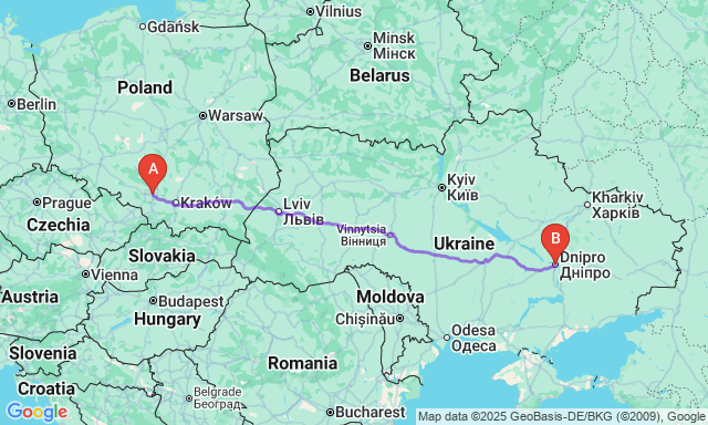 Карта маршруту Катовіце - Дніпро