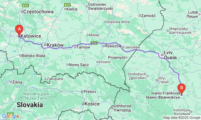 Карта маршруту Катовіце - Івано-Франківськ