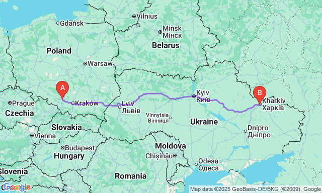 Карта маршруту Катовіце - Харків