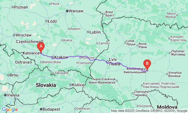 Карта маршруту Катовіце - Хмельницький