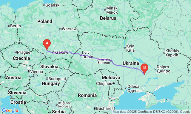 Карта маршруту Катовіце - Кривий Ріг