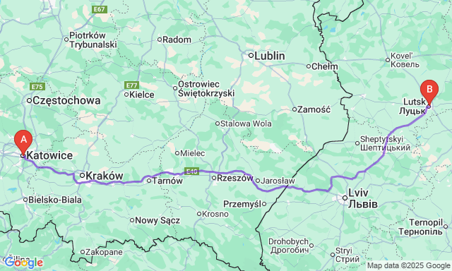 Карта маршруту Катовіце - Луцьк