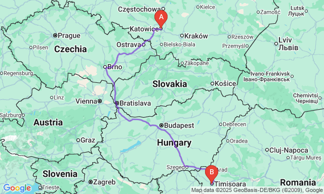 Route map Katowice - Timisoara