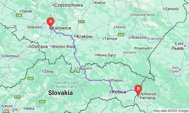 Карта маршруту Катовіце - Ужгород