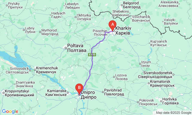 Карта маршрута Харьков - Днепр