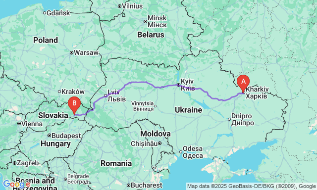 Карта маршруту Харків - Кошице