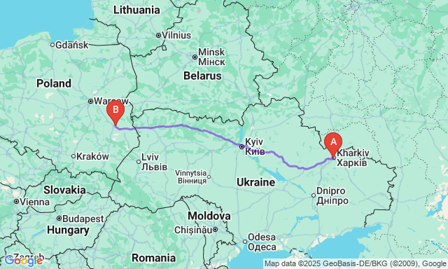 Карта маршруту Харків - Люблін