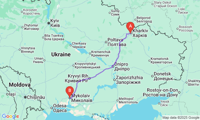 Карта маршруту Харків - Миколаїв