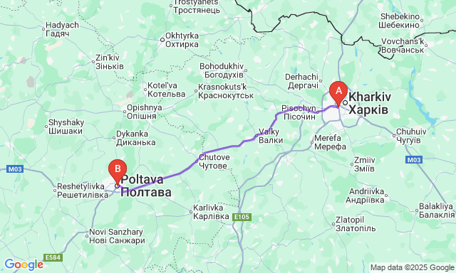 Карта маршруту Харків - Полтава