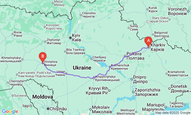 Карта маршруту Харків - Вінниця