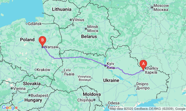 Route map Kharkiv - Warsaw