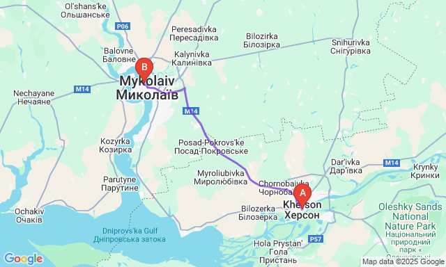 Карта маршруту Херсон - Миколаїв