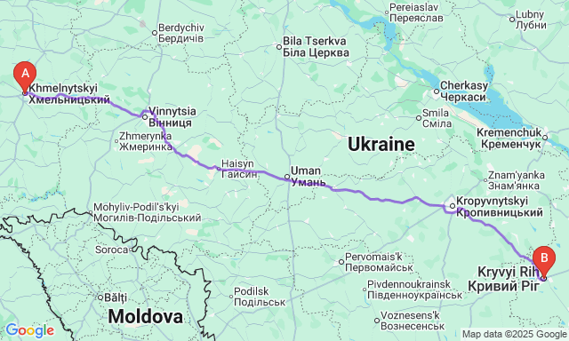 Карта маршруту Хмельницький - Кривий Ріг