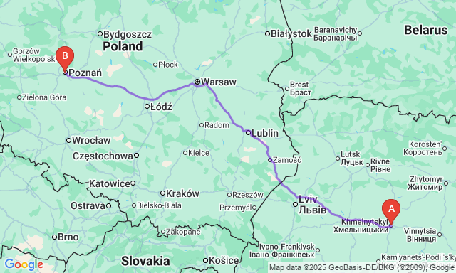 Карта маршруту Хмельницький - Познань