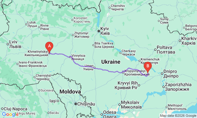 Route map Khmelnytskyi - Vilnohirsk