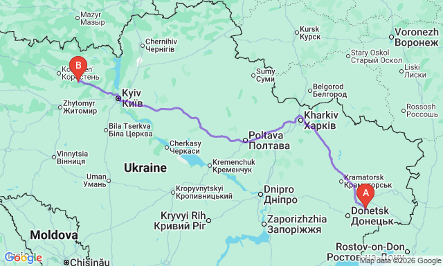 Route map Kirovskoye - Malyn
