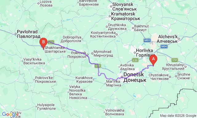 Route map Kirovskoye - Shakhtarske