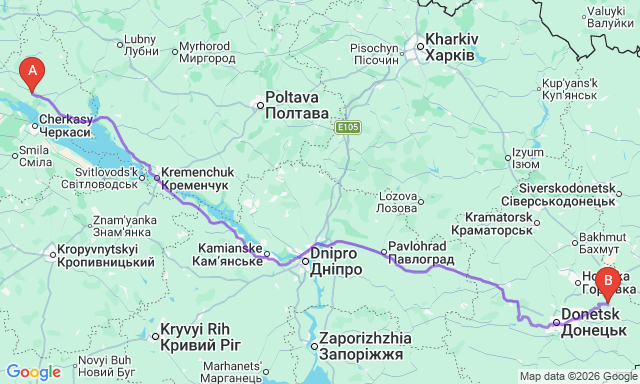 Route map Kirovskoye - Zolotonosha