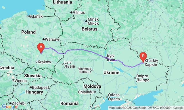 Карта маршруту Кельце - Харків