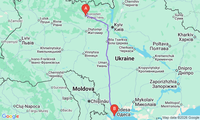 Карта маршрута Коростень - Черноморск