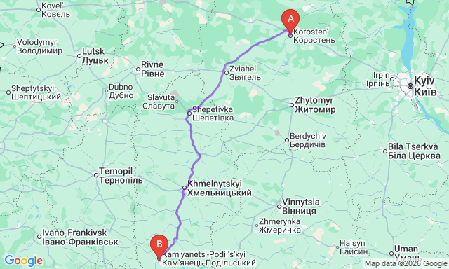 Карта маршруту Коростень - Кам’янець-Подільський