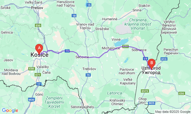 Карта маршруту Кошице - Ужгород