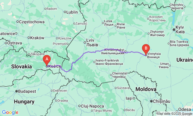 Карта маршруту Кошице - Вінниця