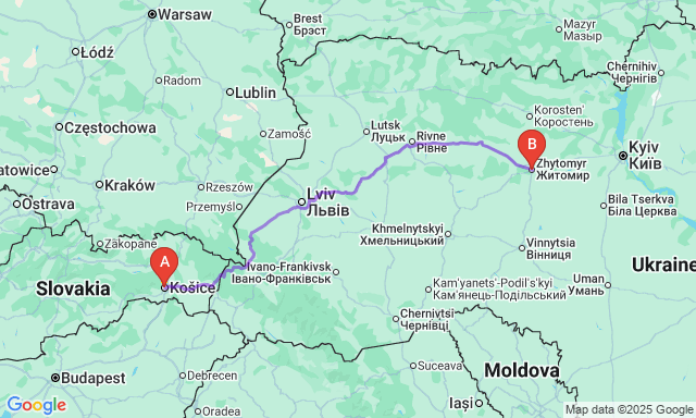 Карта маршруту Кошице - Житомир