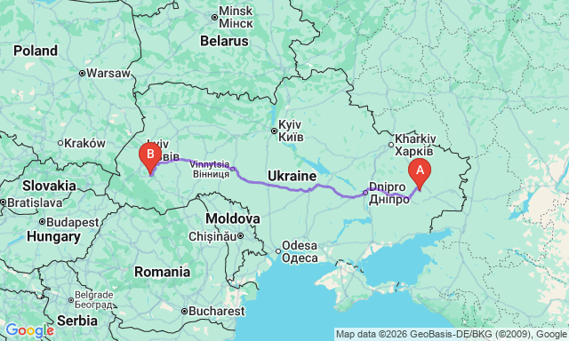 Route map Kostyantynivka - Kalush