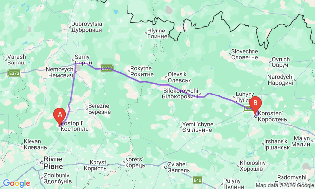 Route map Kostopil - Korosten