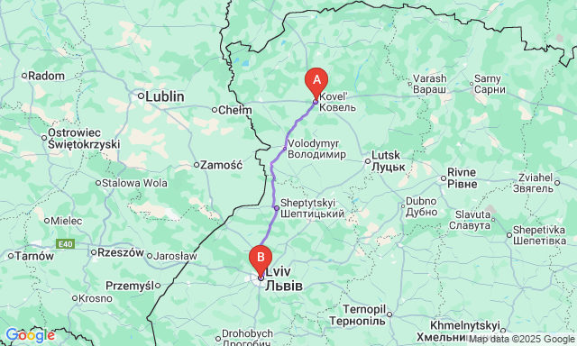 Карта маршруту Ковель - Львів